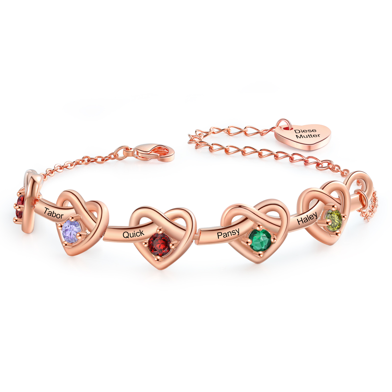 3 Colours Available Personalised Linked Heart Bracelet with 5 Custom Names Birthstones & Text Perfect Birthday Gift for Her
