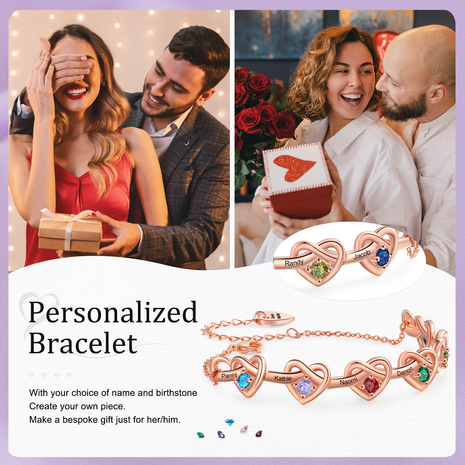 3 Colours Available Personalised Linked Heart Bracelet with 6 Custom Names Birthstones & Text Perfect Birthday Gift for Her