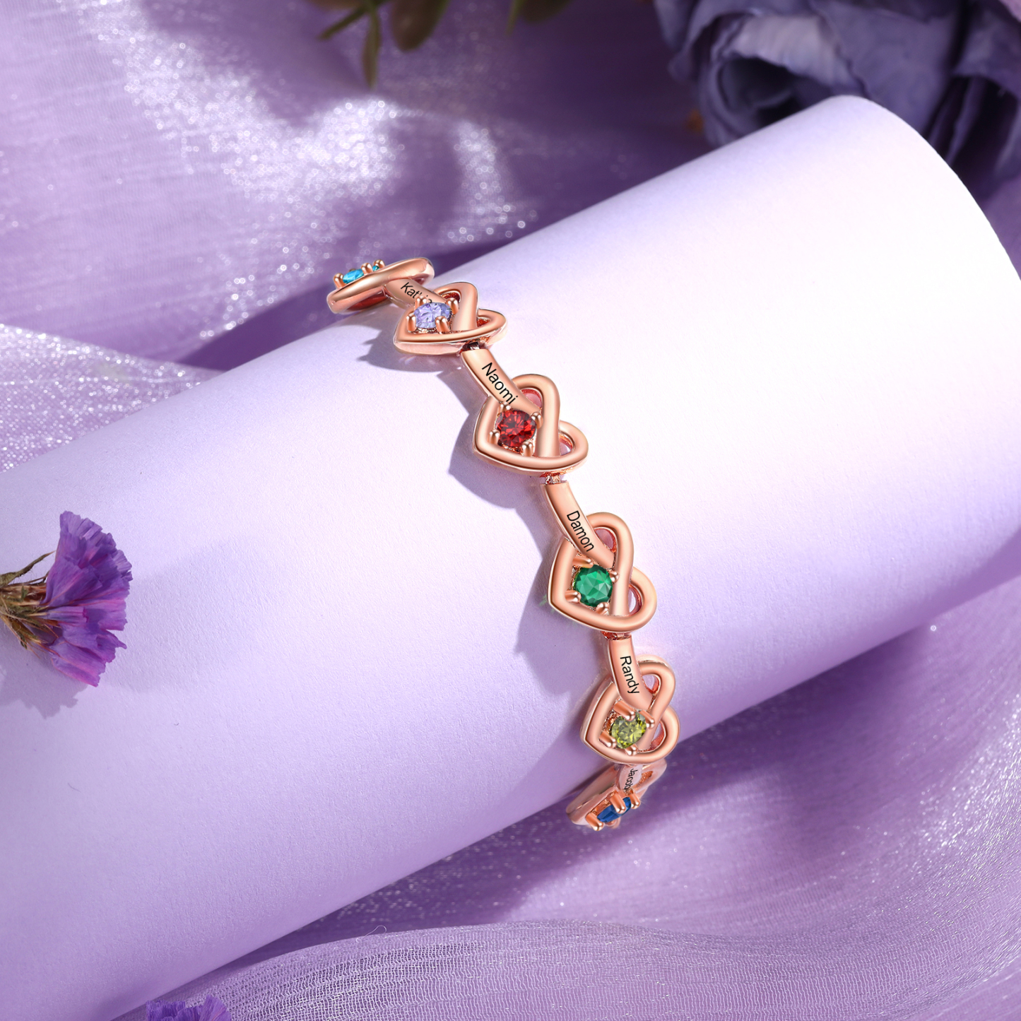 3 Colours Available Personalised Linked Heart Bracelet with 6 Custom Names Birthstones & Text Perfect Birthday Gift for Her