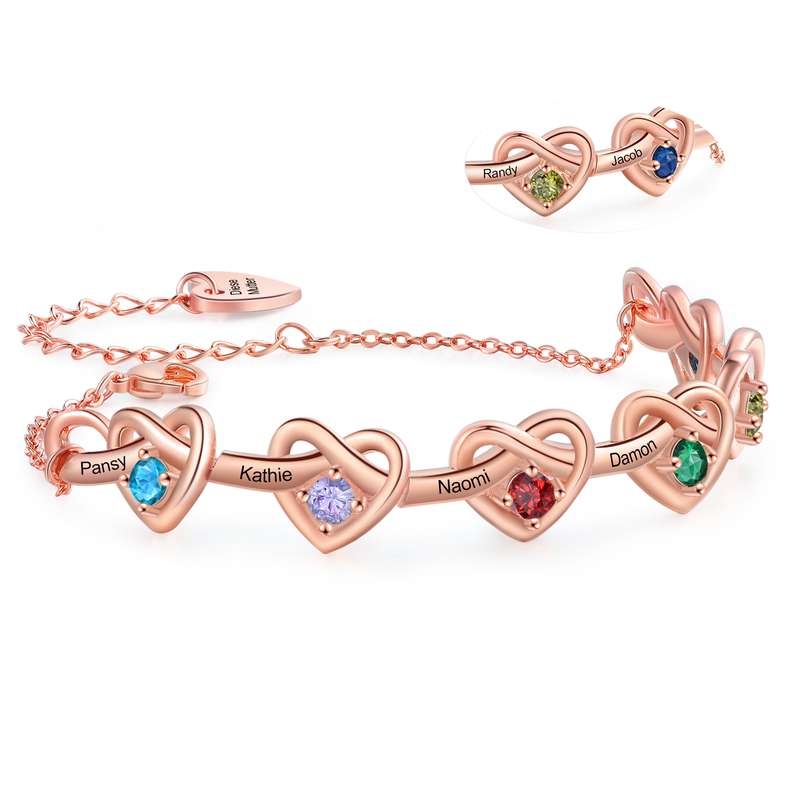 3 Colours Available Personalised Linked Heart Bracelet with 6 Custom Names Birthstones & Text Perfect Birthday Gift for Her