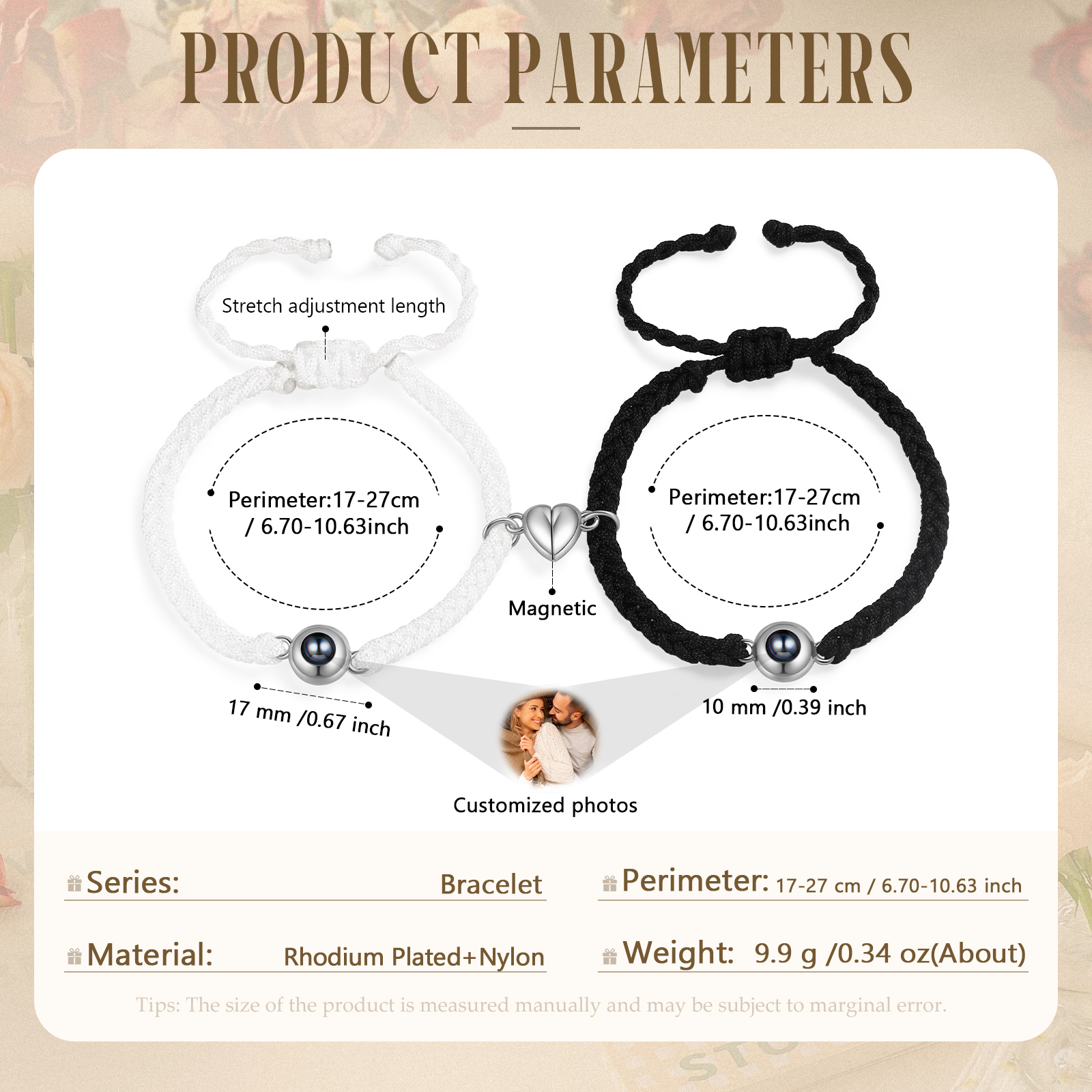 Personalised Magnetic Projection Bracelet Adjustable Rope Jewelry Gift for Couples