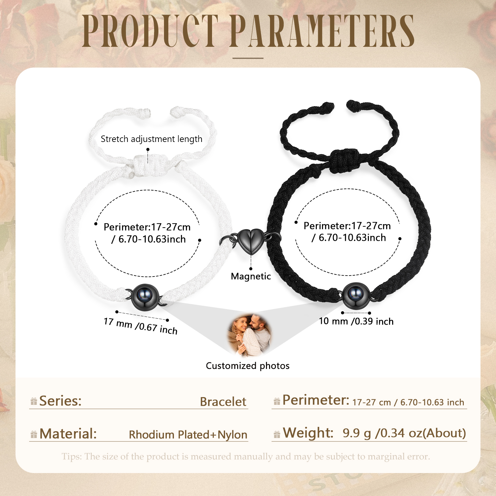 Personalised Magnetic Projection Bracelet Adjustable Rope Jewelry Gift for Couples