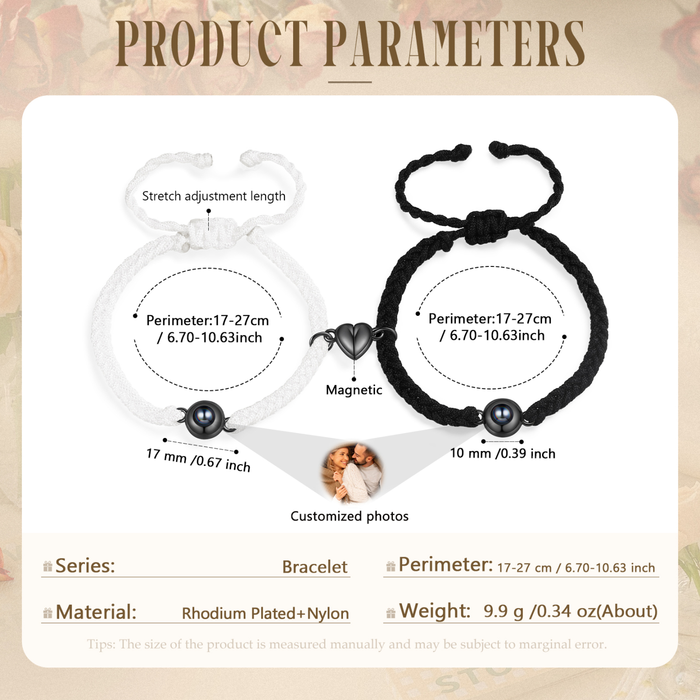 Personalised Magnetic Projection Bracelet Adjustable Rope Jewelry Gift for Couples