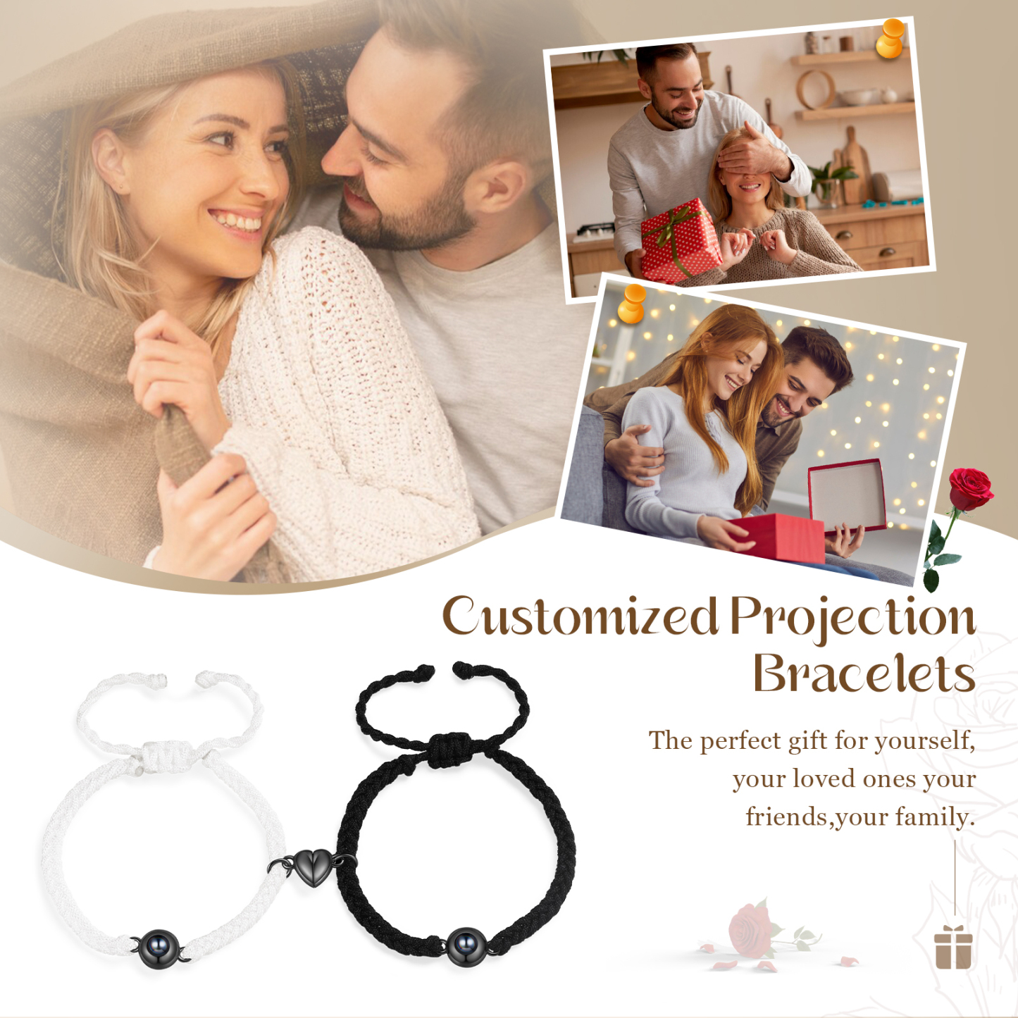Personalised Magnetic Projection Bracelet Adjustable Rope Jewelry Gift for Couples
