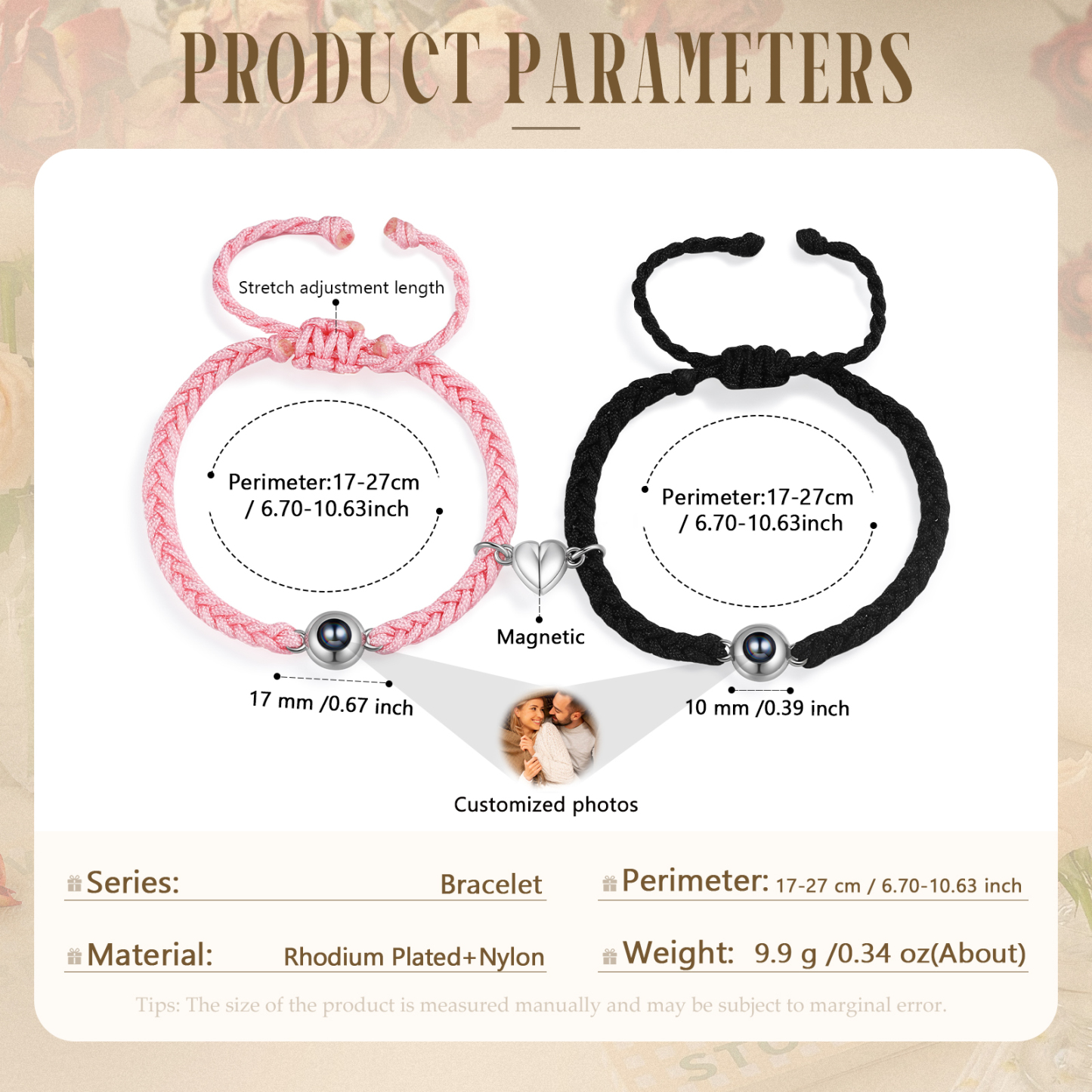 Personalised Magnetic Projection Bracelet Adjustable Rope Jewelry Gift for Couples