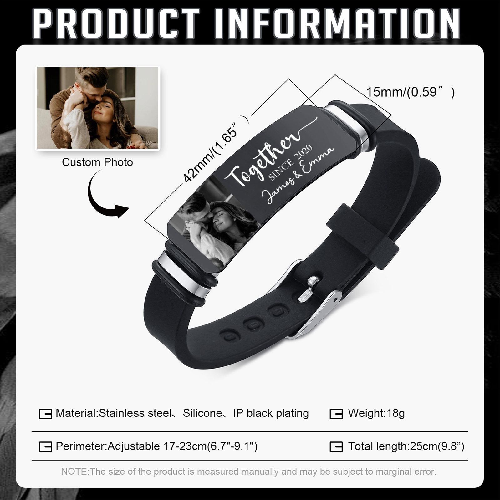 Personalised Mens Bracelet Together Since Custom 1 Photo 1 Year and 1 Text Gift for Couple