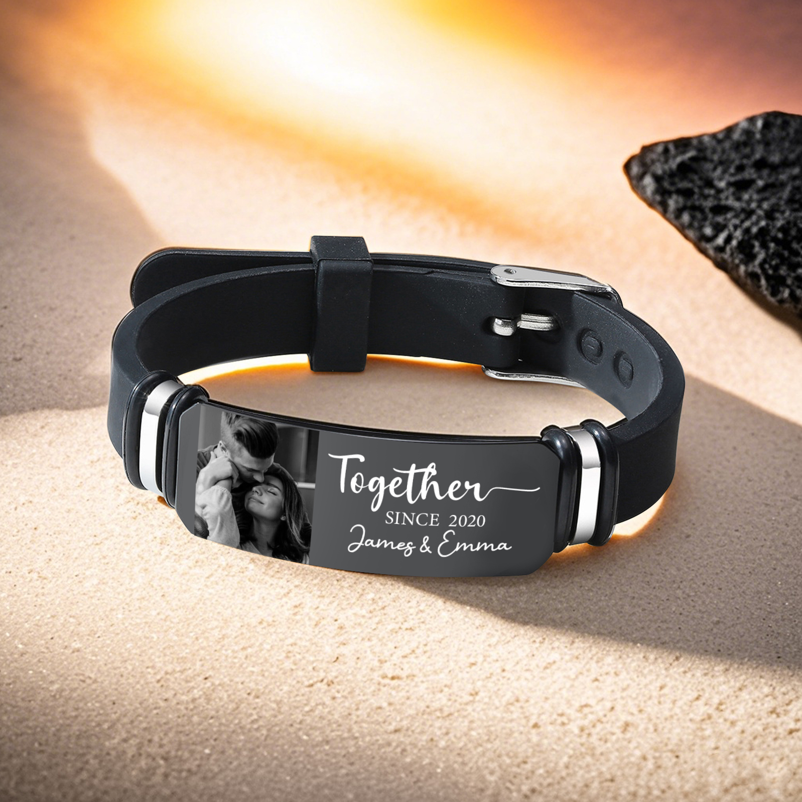 Personalised Mens Bracelet Together Since Custom 1 Photo 1 Year and 1 Text Gift for Couple