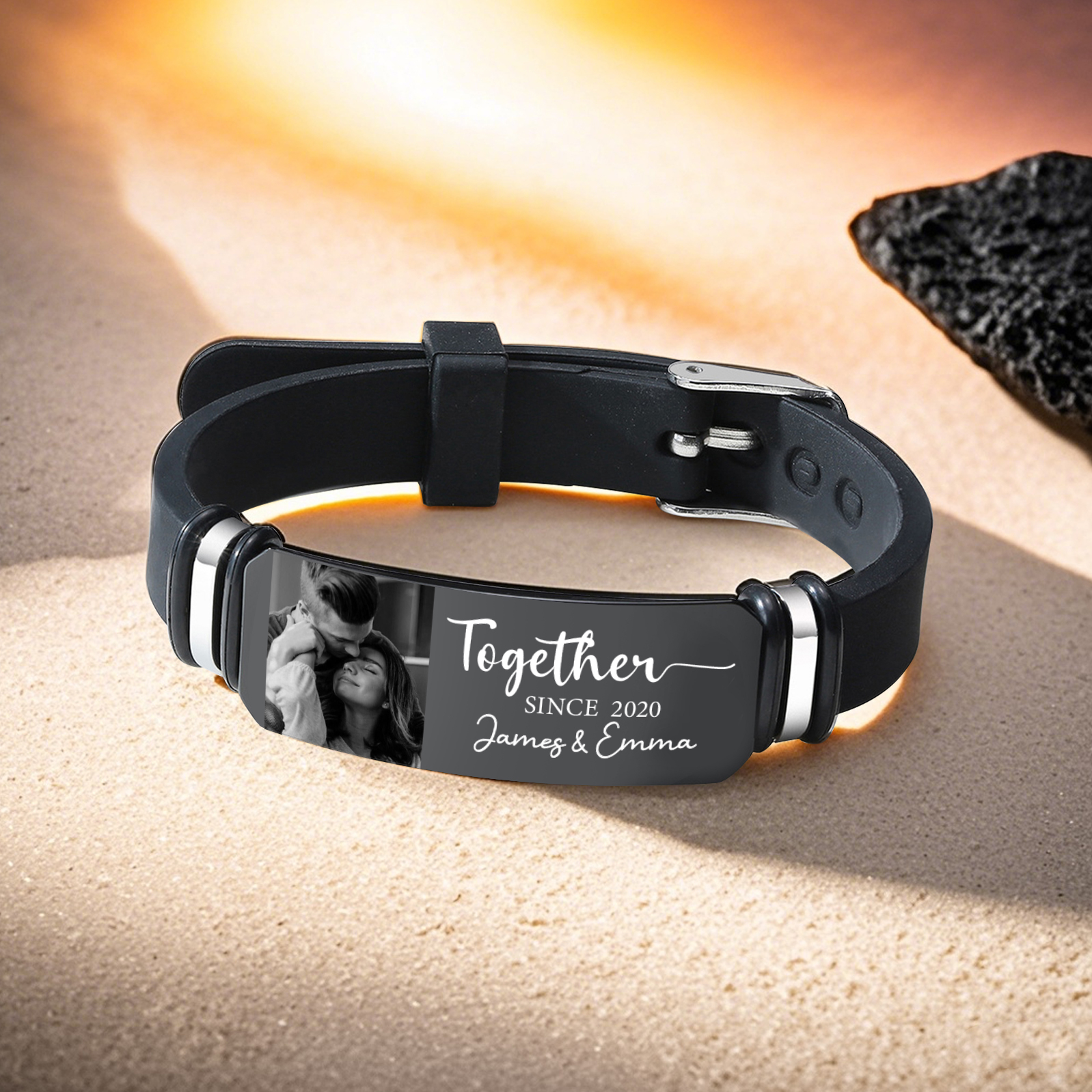 Personalised Mens Bracelet Together Since Custom 1 Photo 1 Year and 1 Text Gift for Couple