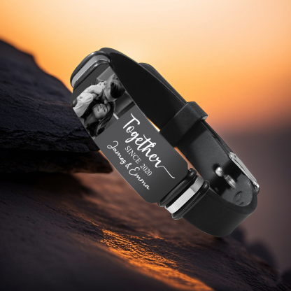 Personalised Mens Bracelet Together Since Custom 1 Photo 1 Year and 1 Text Gift for Couple