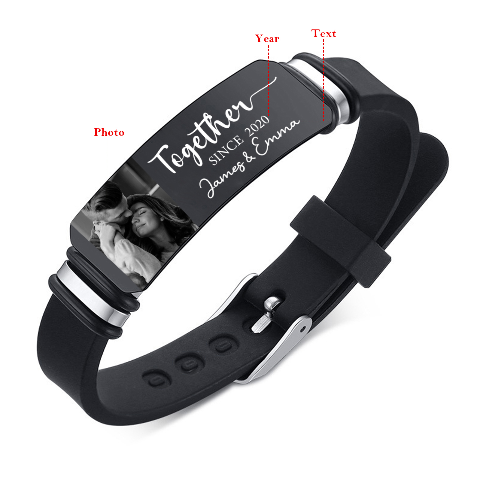 Personalised Mens Bracelet Together Since Custom 1 Photo 1 Year and 1 Text Gift for Couple