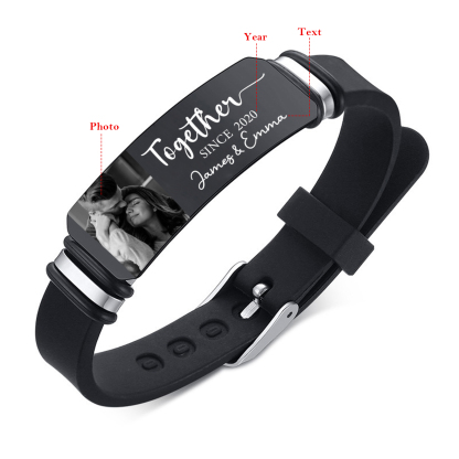 Personalised Mens Bracelet Together Since Custom 1 Photo 1 Year and 1 Text Gift for Couple
