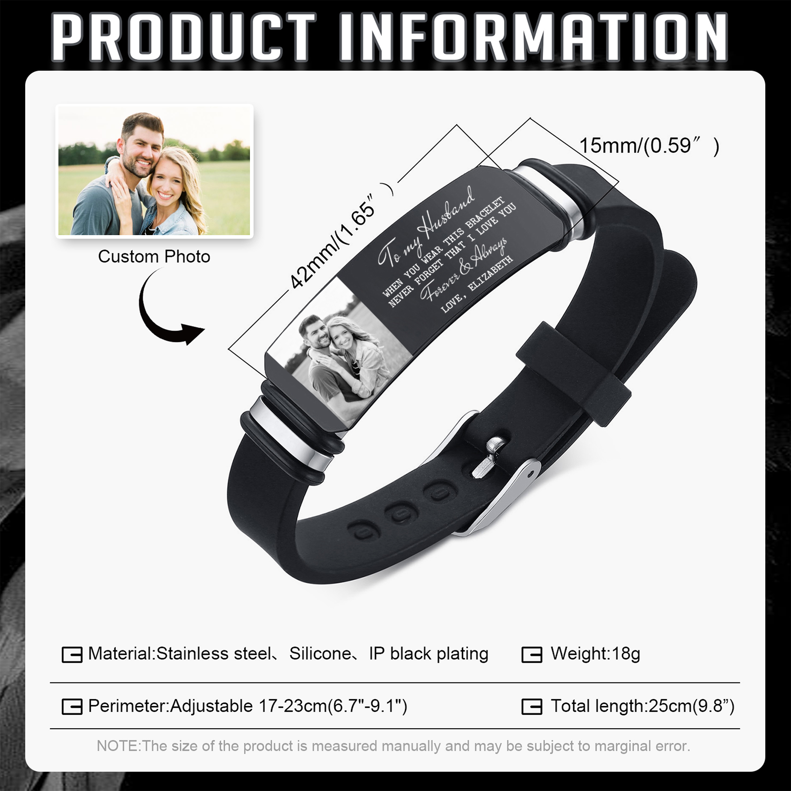 Personalised Mens Bracelet To My Husband Never Forget I Love You Custom 1 Photo and 1 Text Gift for Him