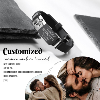Personalised Mens Bracelet To My Husband Never Forget I Love You Custom 1 Photo and 1 Text Gift for Him