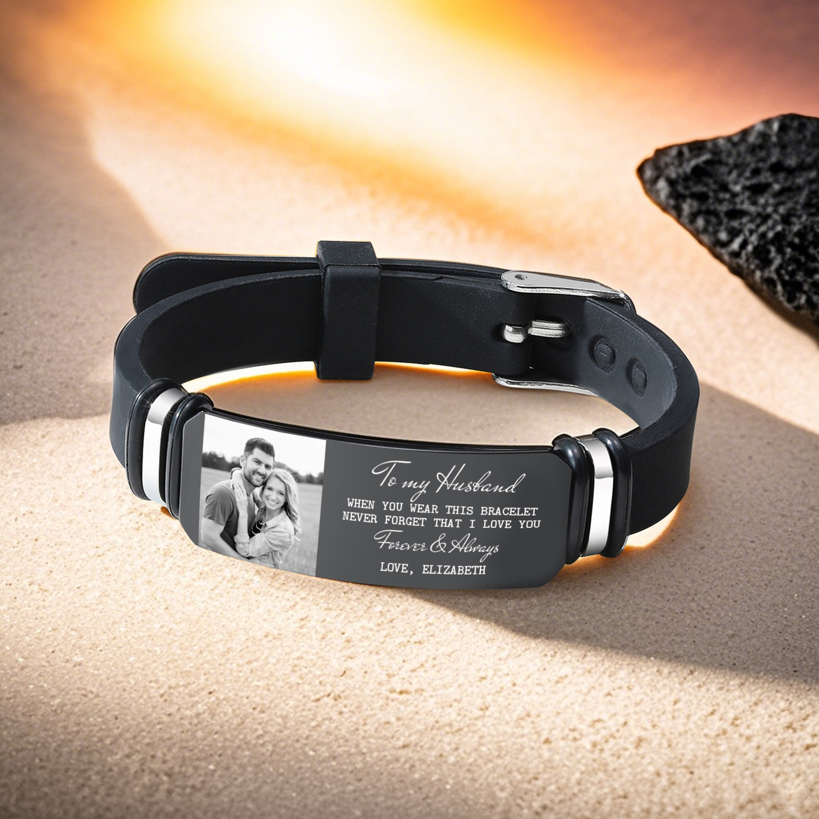 Personalised Mens Bracelet To My Husband Never Forget I Love You Custom 1 Photo and 1 Text Gift for Him