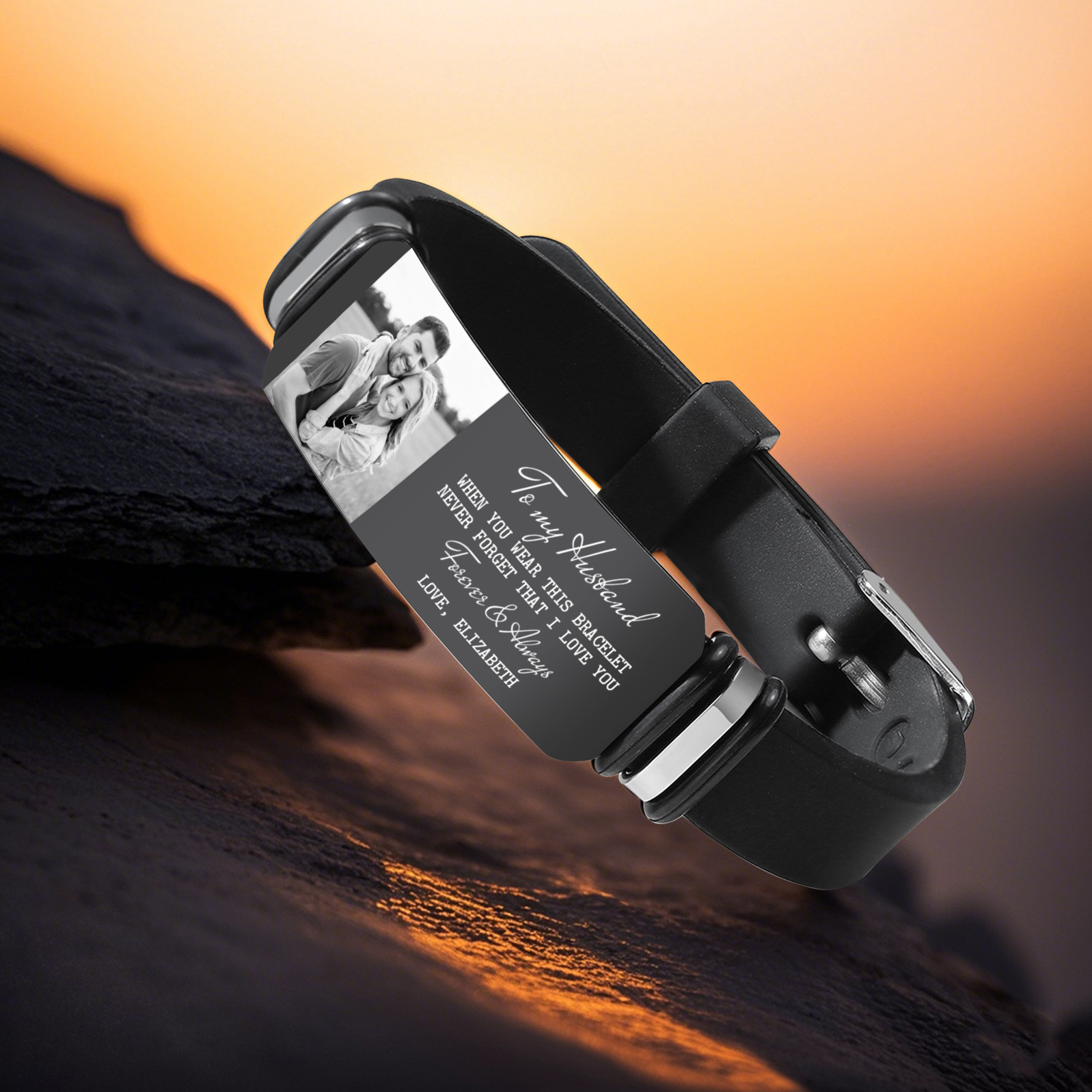 Personalised Mens Bracelet To My Husband Never Forget I Love You Custom 1 Photo and 1 Text Gift for Him