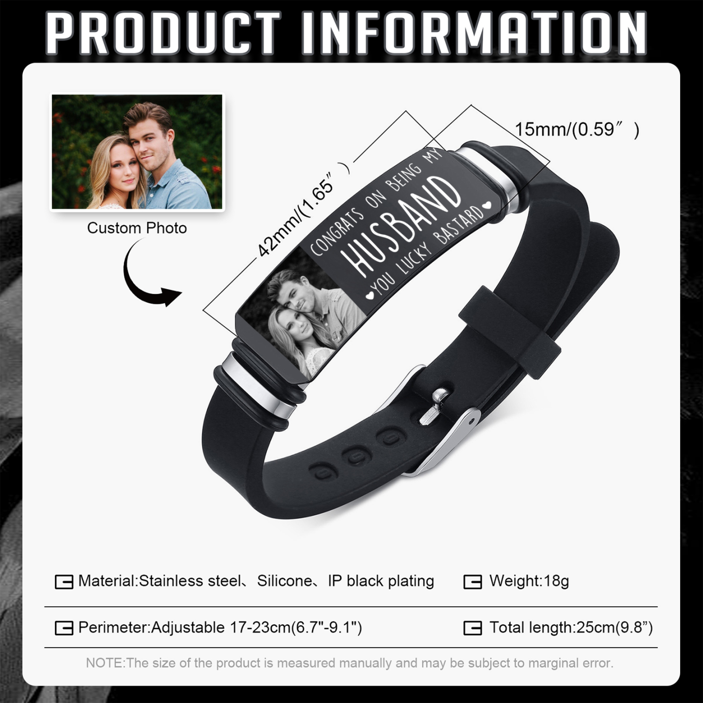 Personalised Mens Bracelet Congrats on Being My Husband You Lucky Bastard Custom 1 Photo Gift for Him