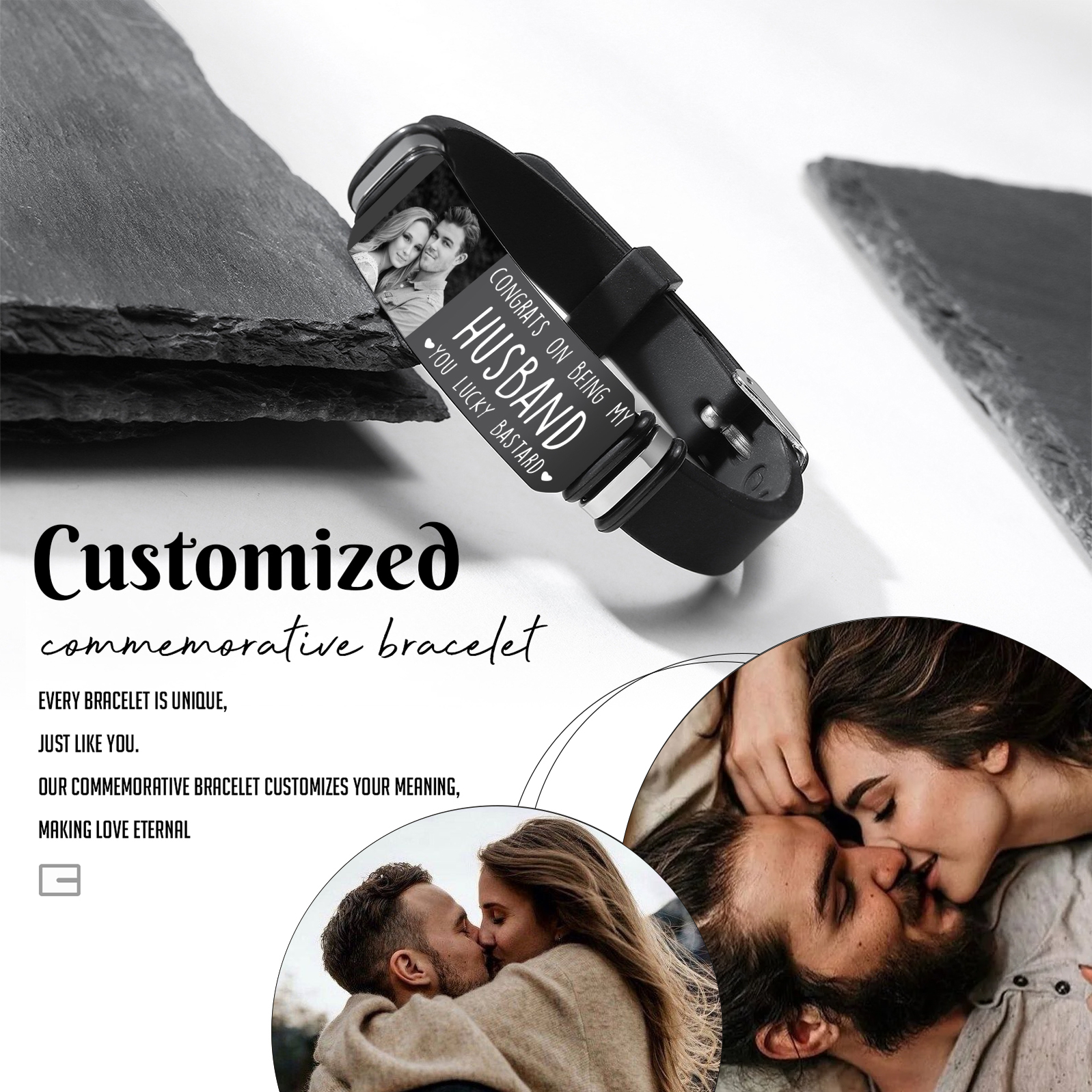 Personalised Mens Bracelet Congrats on Being My Husband You Lucky Bastard Custom 1 Photo Gift for Him