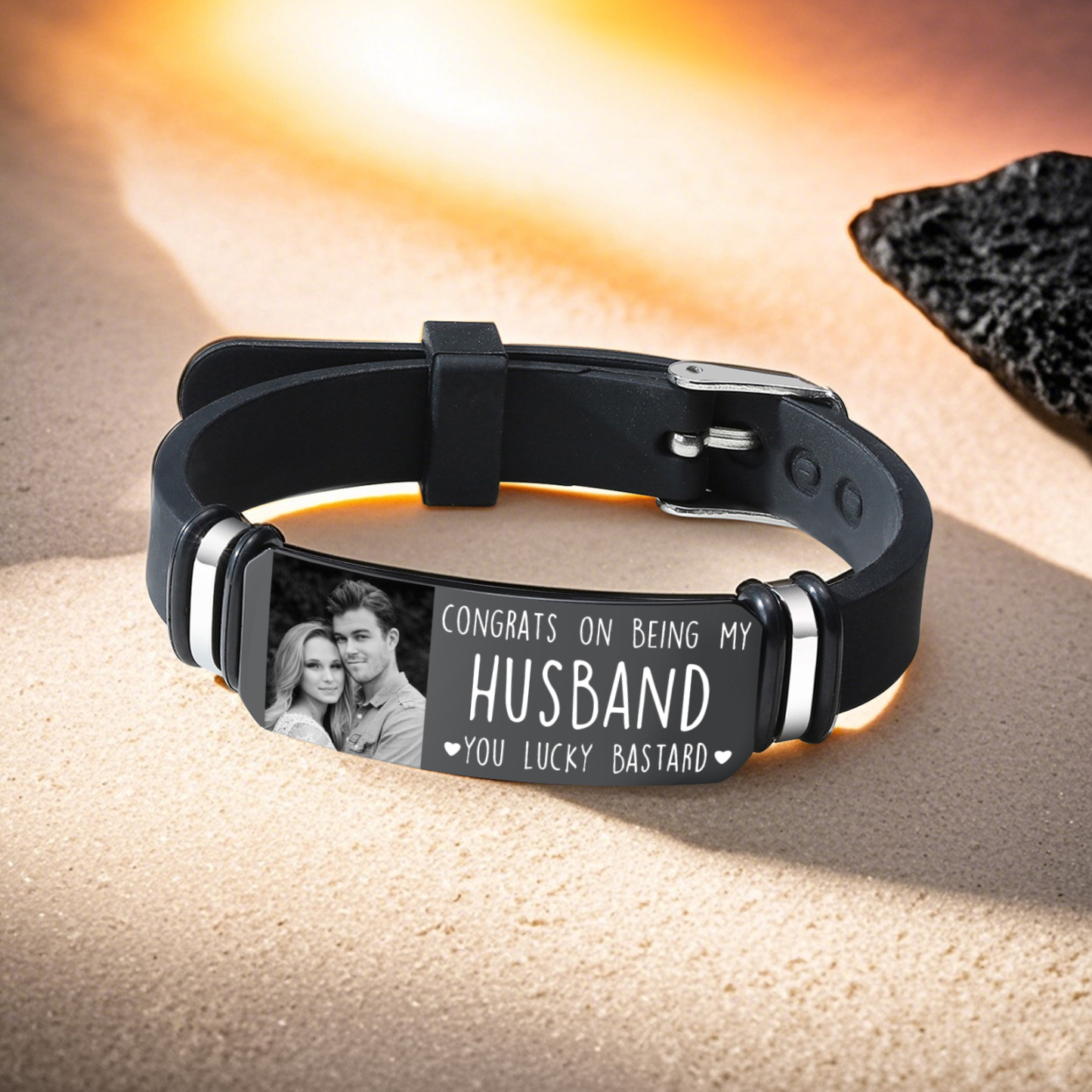 Personalised Mens Bracelet Congrats on Being My Husband You Lucky Bastard Custom 1 Photo Gift for Him