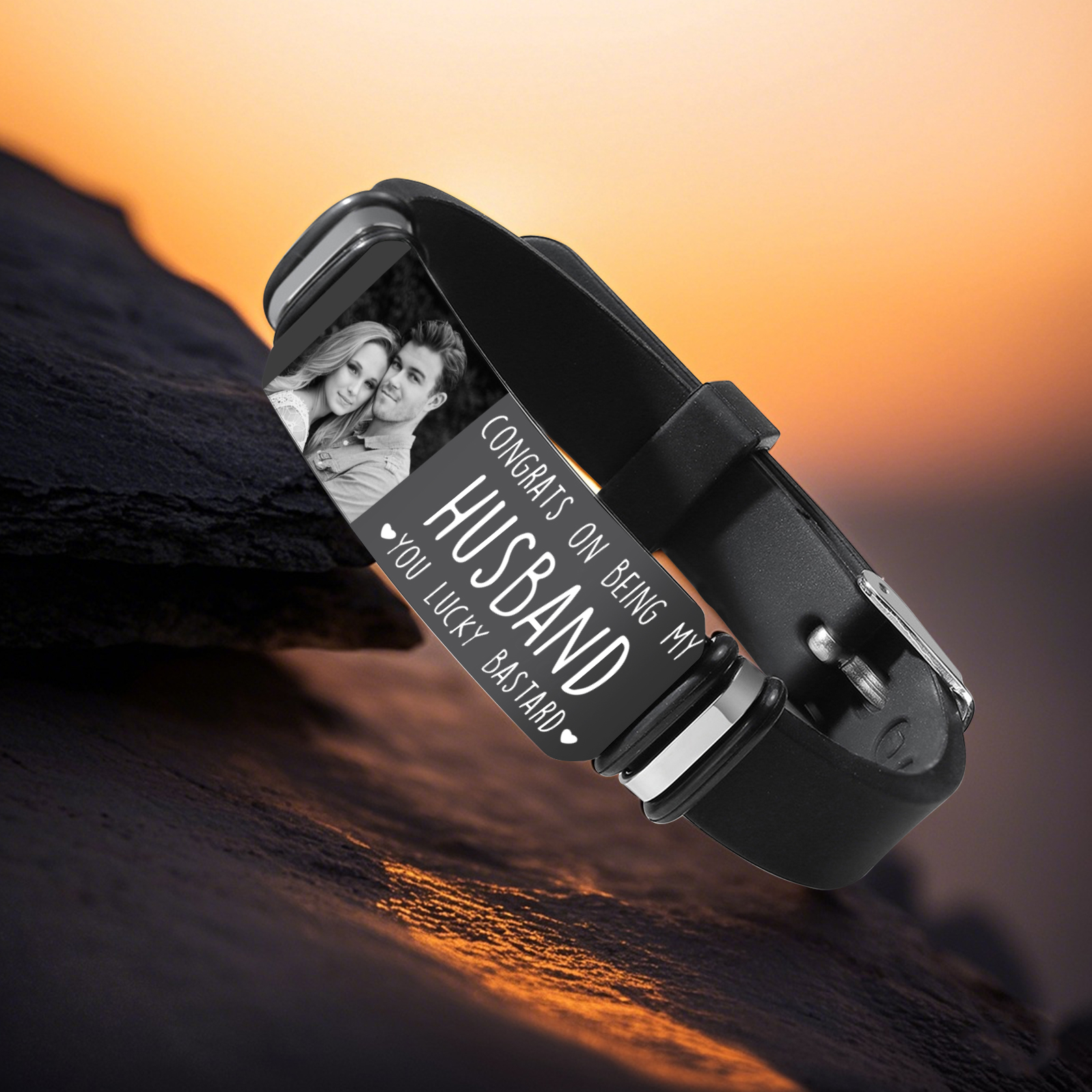 Personalised Mens Bracelet Congrats on Being My Husband You Lucky Bastard Custom 1 Photo Gift for Him