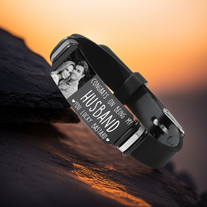 Personalised Mens Bracelet Congrats on Being My Husband You Lucky Bastard Custom 1 Photo Gift for Him