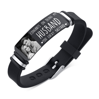Personalised Mens Bracelet Congrats on Being My Husband You Lucky Bastard Custom 1 Photo Gift for Him