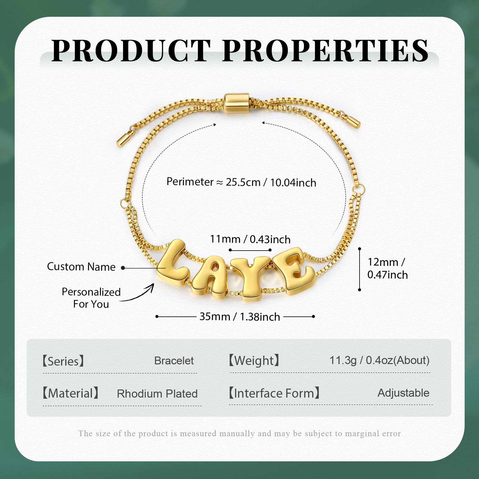 Personalised 3D Name Bracelet Custom Adjustable 4 Letter Gift for Her