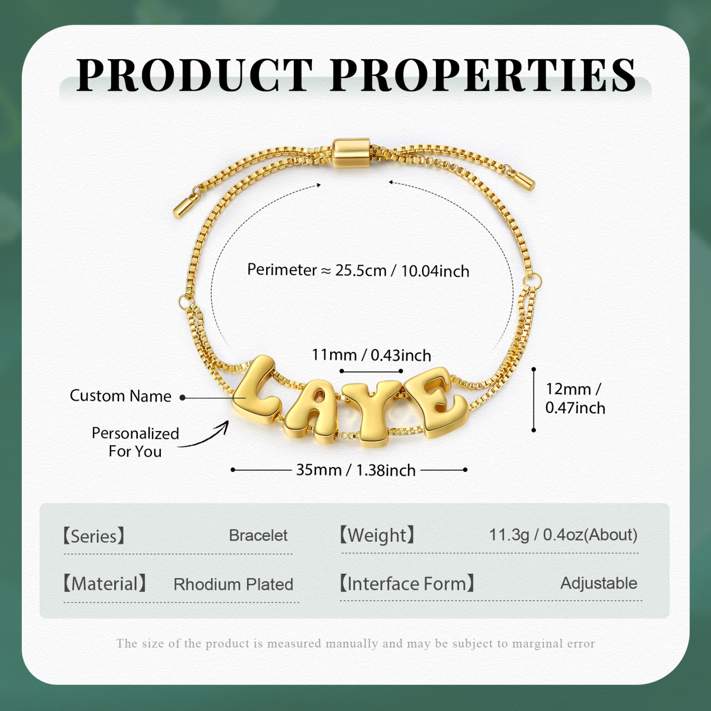 Personalised 3D Name Bracelet Custom Adjustable 4 Letter Gift for Her