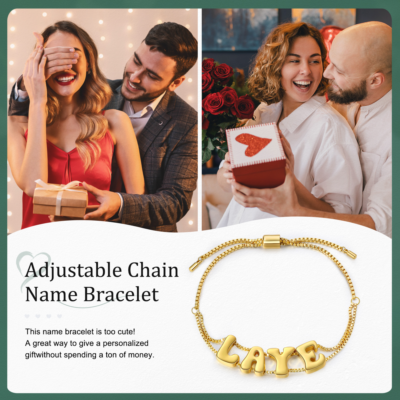 Personalised 3D Name Bracelet Custom Adjustable 4 Letter Gift for Her