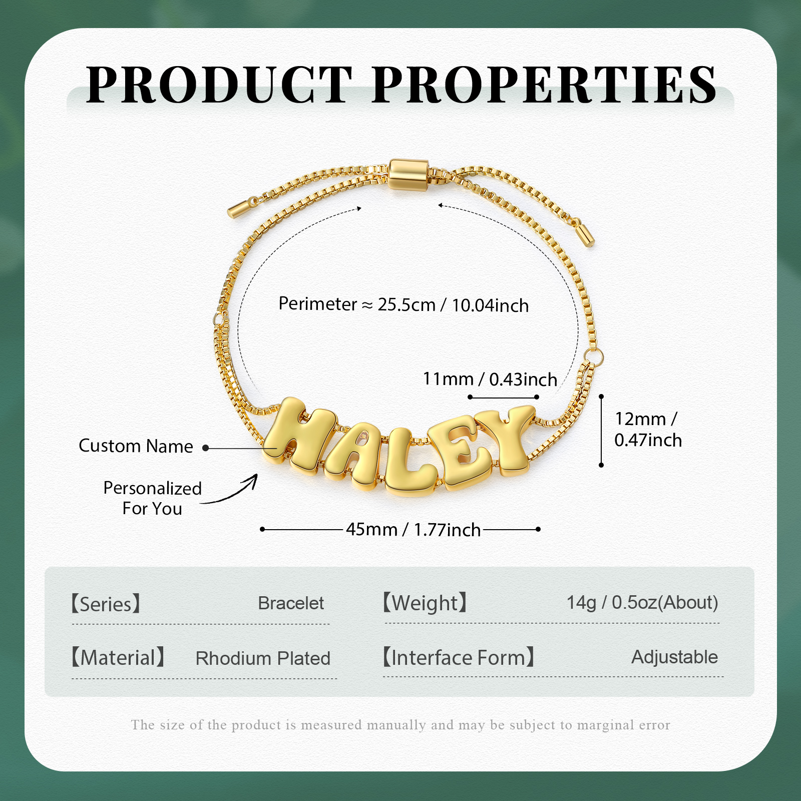 Personalised 3D Name Bracelet Custom Adjustable 5 Letter Gift for Her