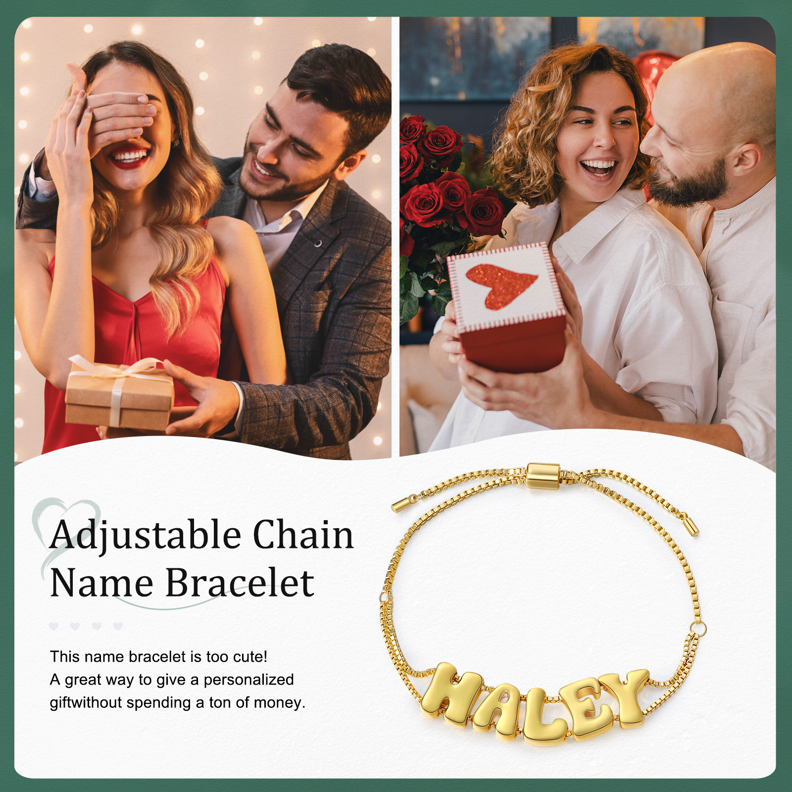 Personalised 3D Name Bracelet Custom Adjustable 5 Letter Gift for Her