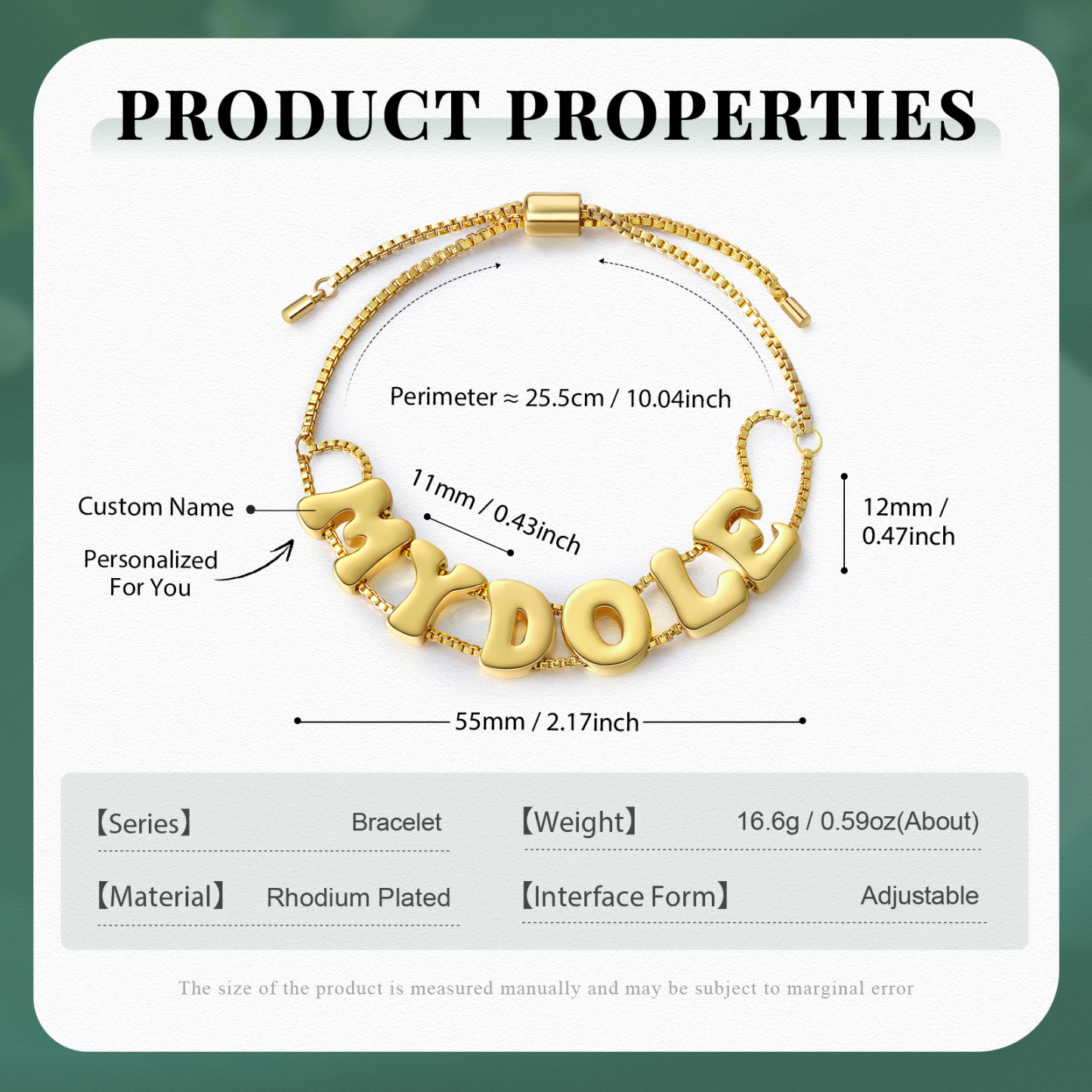 Personalised 3D Name Bracelet Custom Adjustable 6 Letter Gift for Her