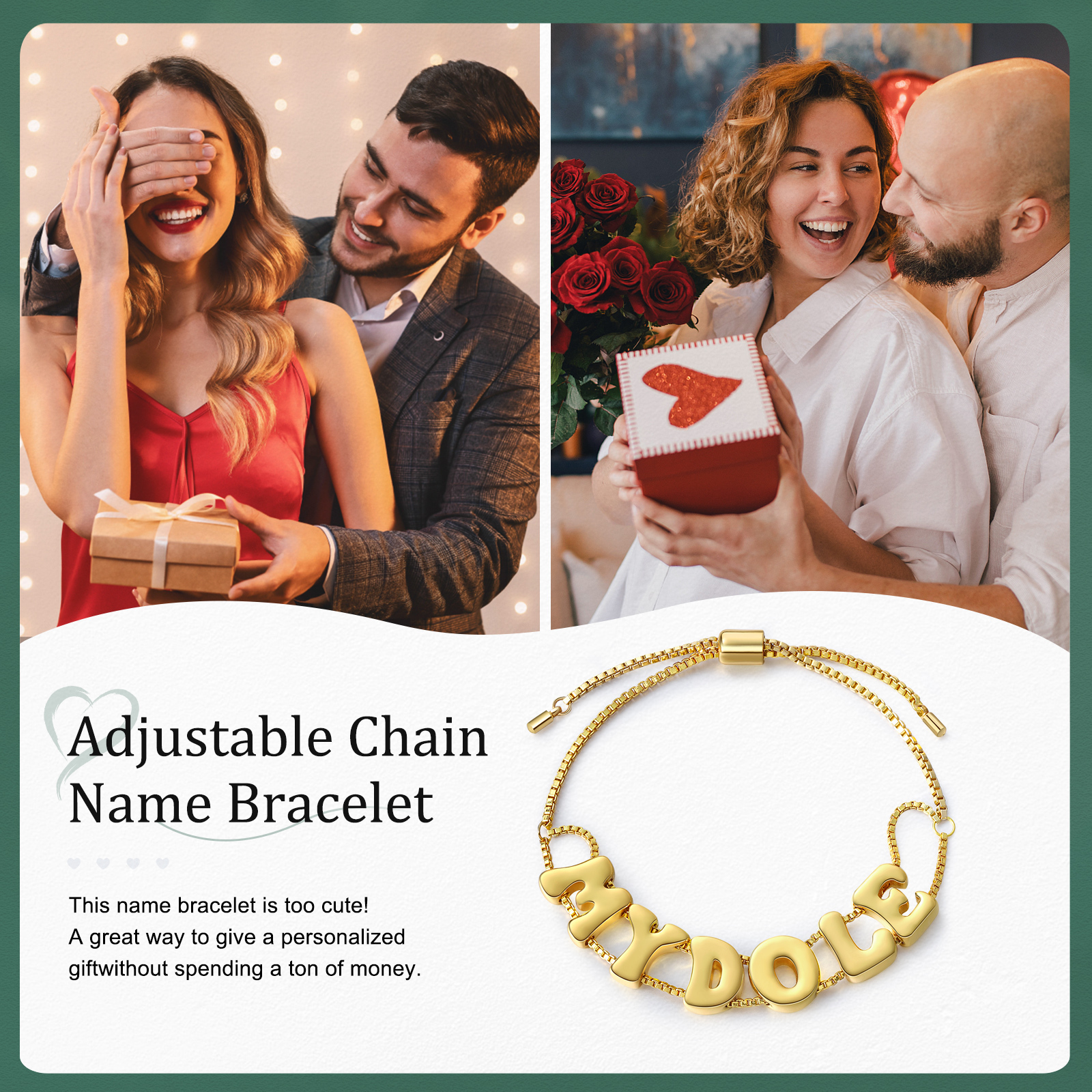 Personalised 3D Name Bracelet Custom Adjustable 6 Letter Gift for Her