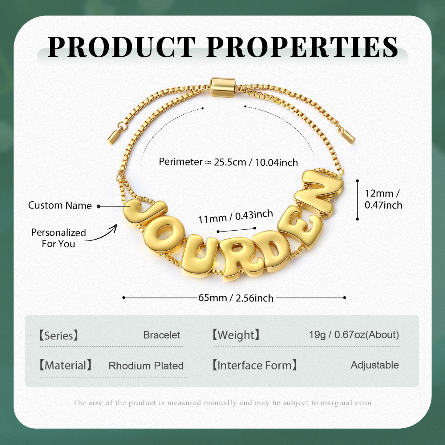 Personalised 3D Name Bracelet Custom Adjustable 7 Letter Gift for Her