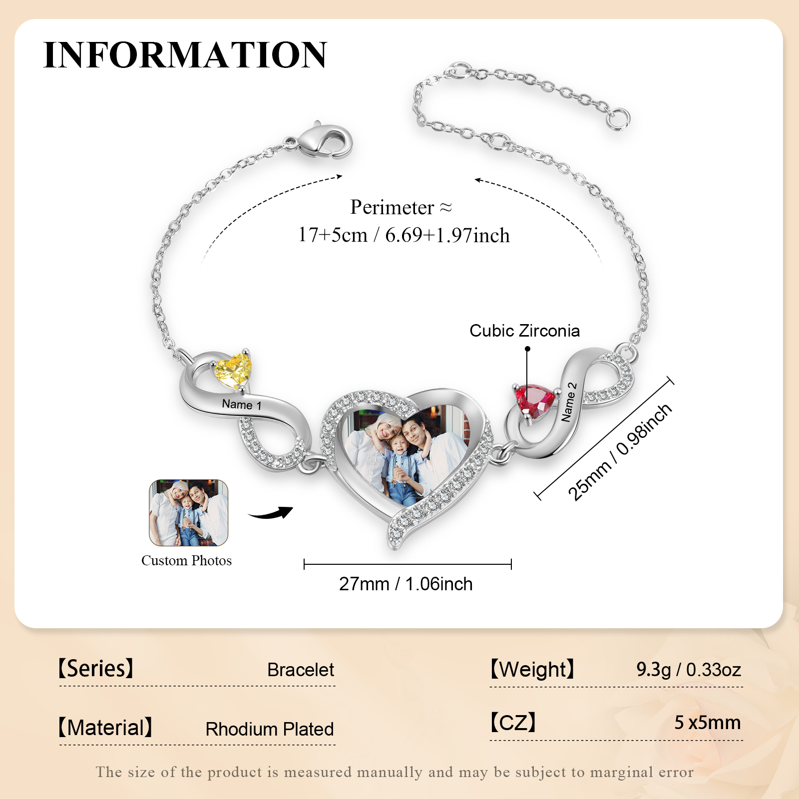 Personalised Infini Bracelet Photo Cumstom with 2 Birthstones et Names Bracelet Gift for Her | Jessemade