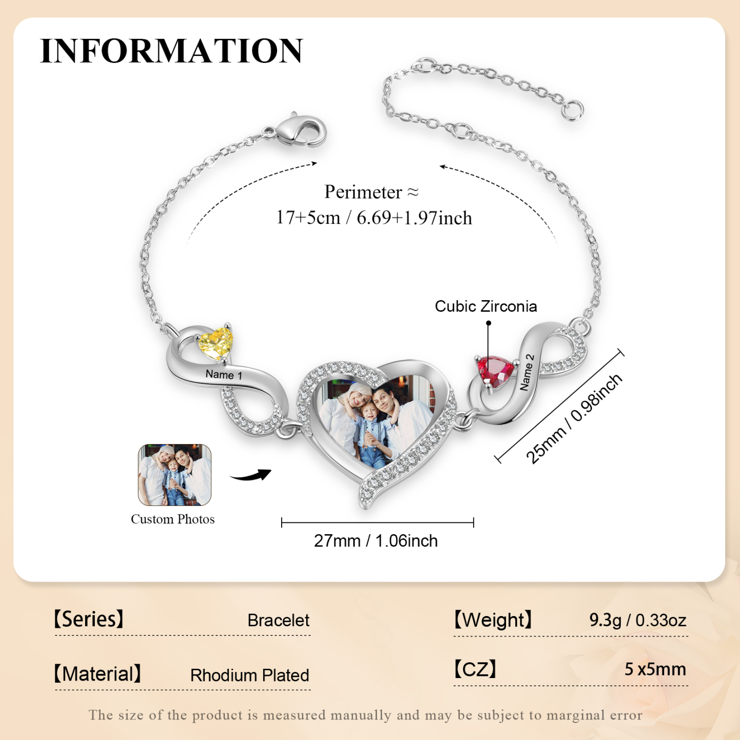 Personalised Infini Bracelet Photo Cumstom with 2 Birthstones et Names Bracelet Gift for Her | Jessemade