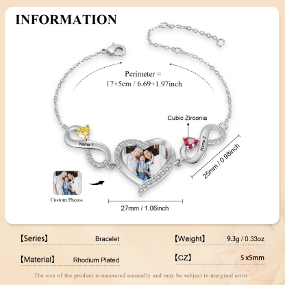 Personalised Infini Bracelet Photo Cumstom with 2 Birthstones et Names Bracelet Gift for Her | Jessemade