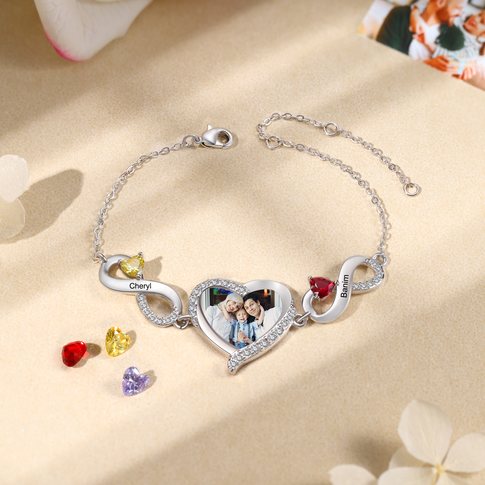 Personalised Infini Bracelet Photo Cumstom with 2 Birthstones et Names Bracelet Gift for Her | Jessemade