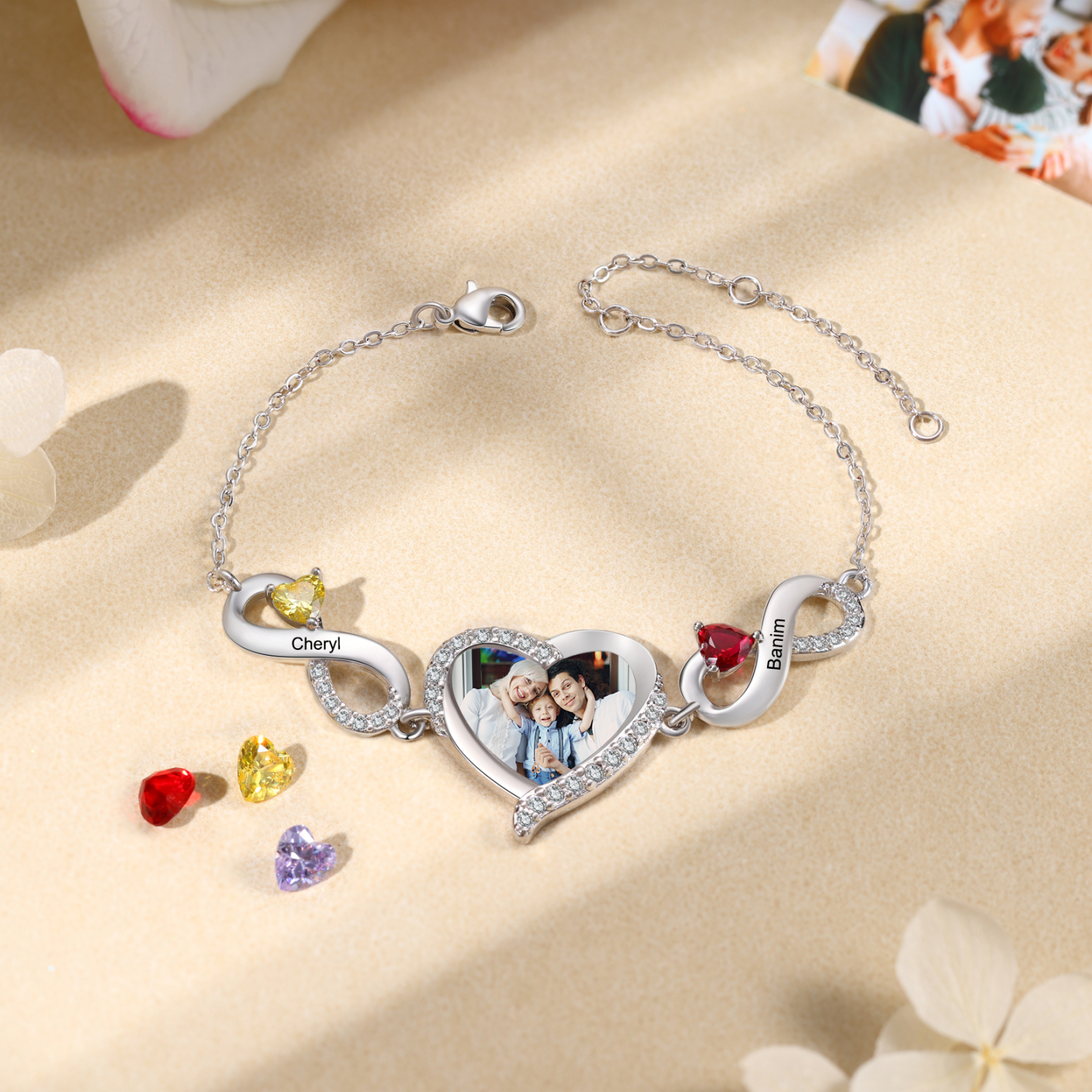 Personalised Infini Bracelet Photo Cumstom with 2 Birthstones et Names Bracelet Gift for Her | Jessemade