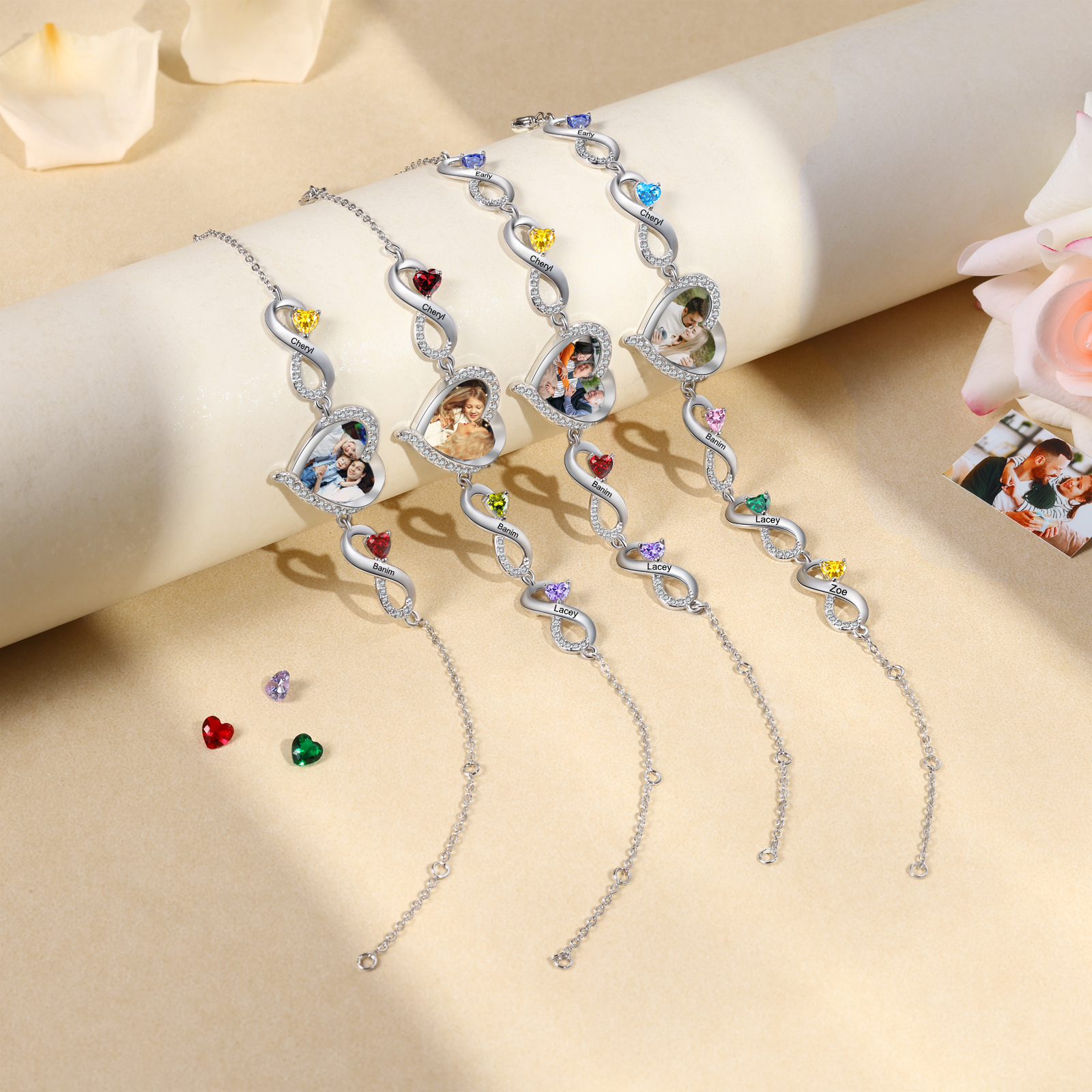 Personalised Infini Bracelet Photo Cumstom with 2 Birthstones et Names Bracelet Gift for Her | Jessemade