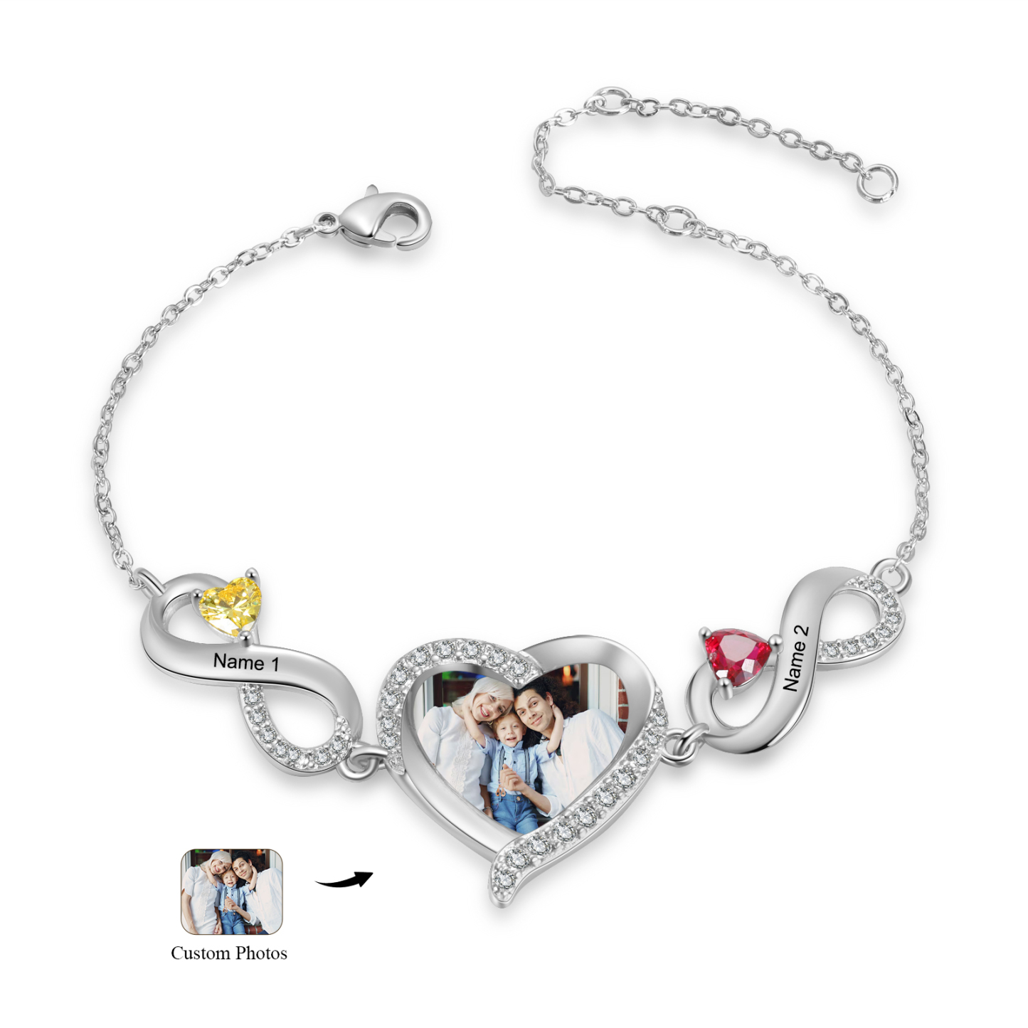 Personalised Infini Bracelet Photo Cumstom with 2 Birthstones et Names Bracelet Gift for Her | Jessemade