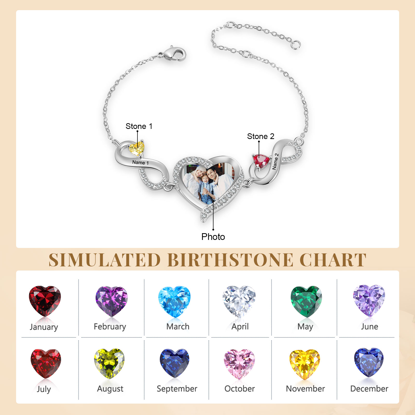 Personalised Infini Bracelet Photo Cumstom with 2 Birthstones et Names Bracelet Gift for Her | Jessemade