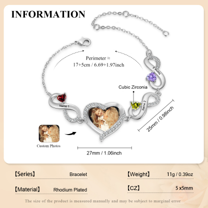 Personalised Infini Bracelet Photo Cumstom with 2 Birthstones et Names Bracelet Gift for Her | Jessemade