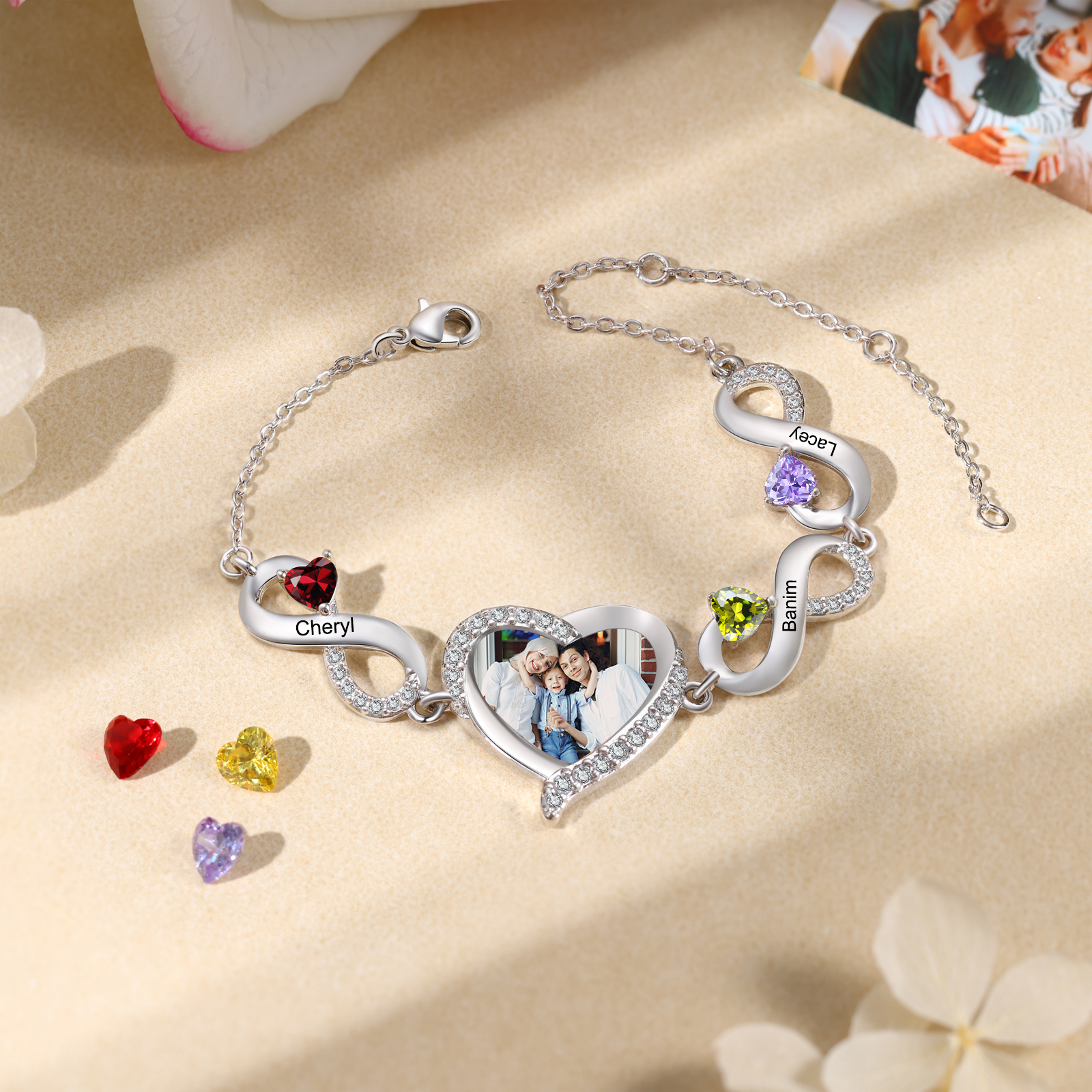 Personalised Infini Bracelet Photo Cumstom with 2 Birthstones et Names Bracelet Gift for Her | Jessemade