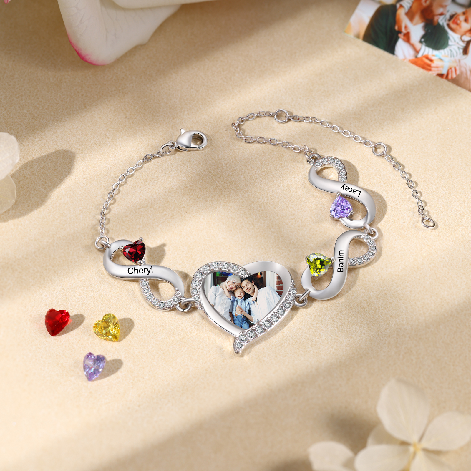 Personalised Infini Bracelet Photo Cumstom with 2 Birthstones et Names Bracelet Gift for Her | Jessemade