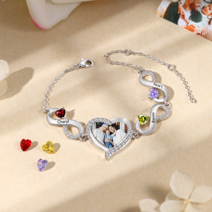 Personalised Infini Bracelet Photo Cumstom with 2 Birthstones et Names Bracelet Gift for Her | Jessemade
