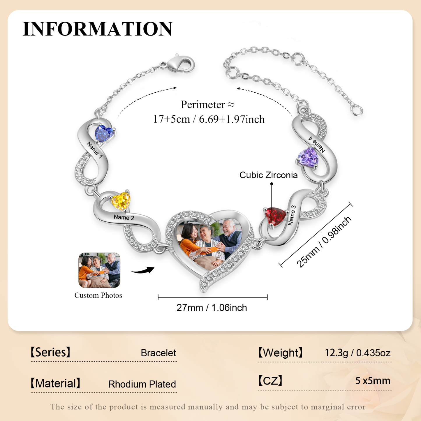 Personalised Infini Bracelet Photo Cumstom with 2 Birthstones et Names Bracelet Gift for Her | Jessemade