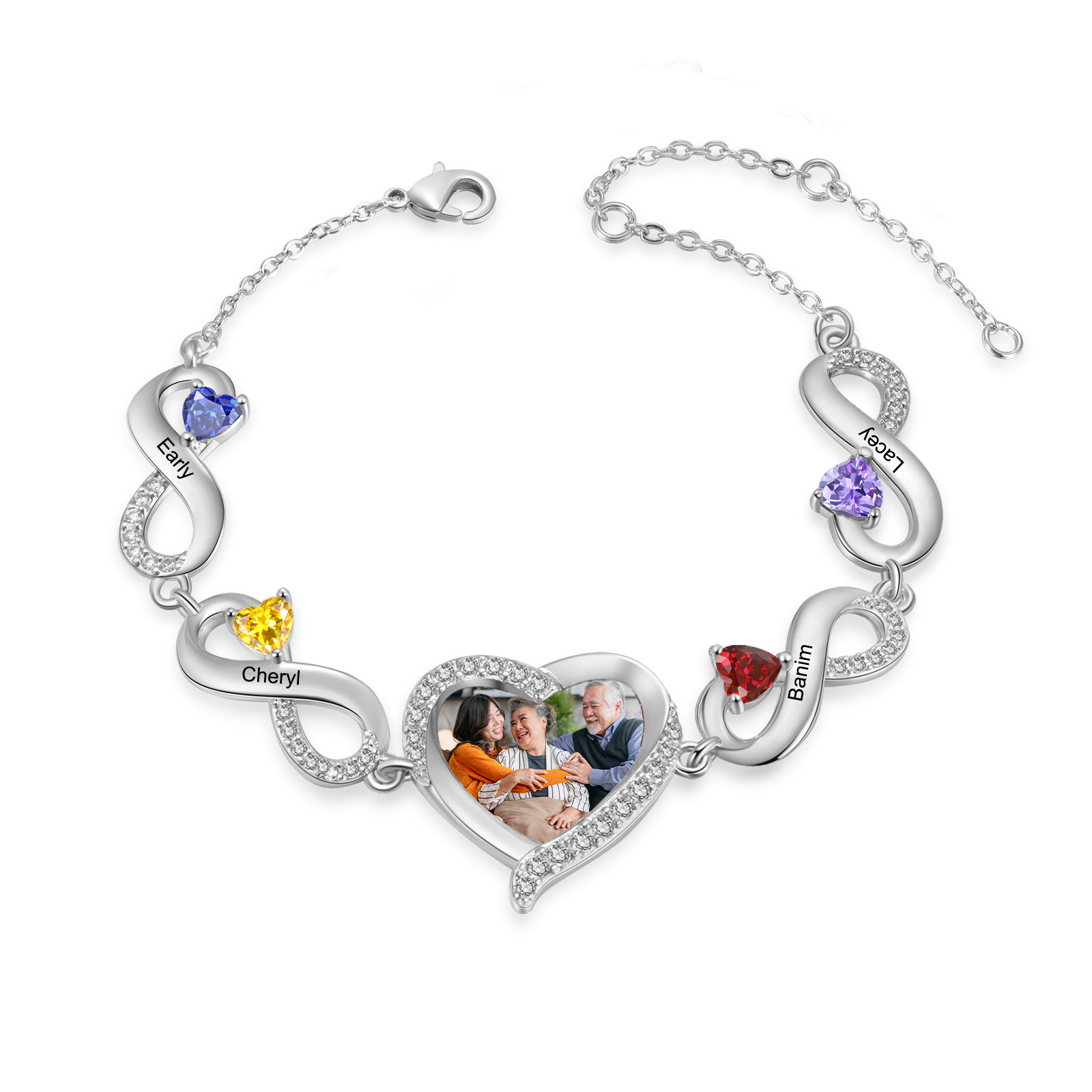 Personalised Infini Bracelet Photo Cumstom with 2 Birthstones et Names Bracelet Gift for Her | Jessemade