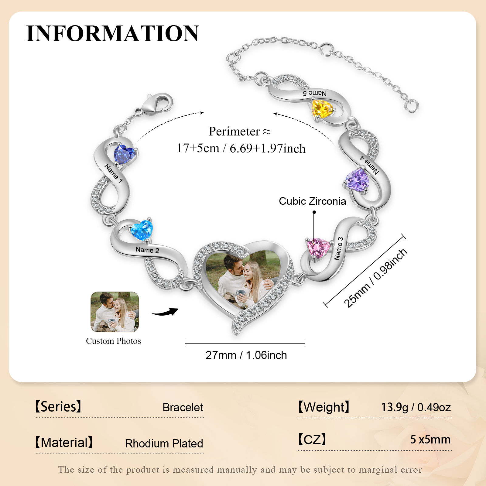 Personalised Infini Bracelet Photo Cumstom with 2 Birthstones et Names Bracelet Gift for Her | Jessemade