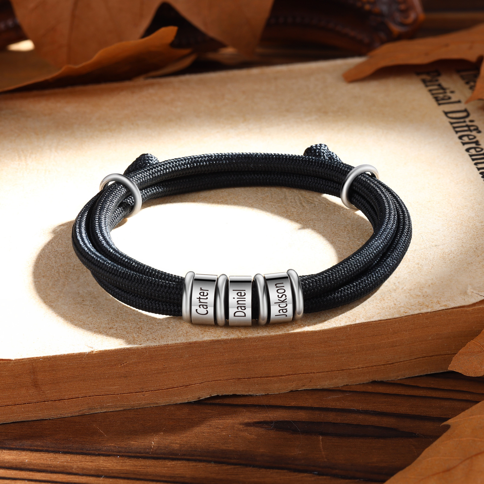 3 Names Personalised Men's Bracelet – Adjustable Rope with Custom Name Beads | Jessemade