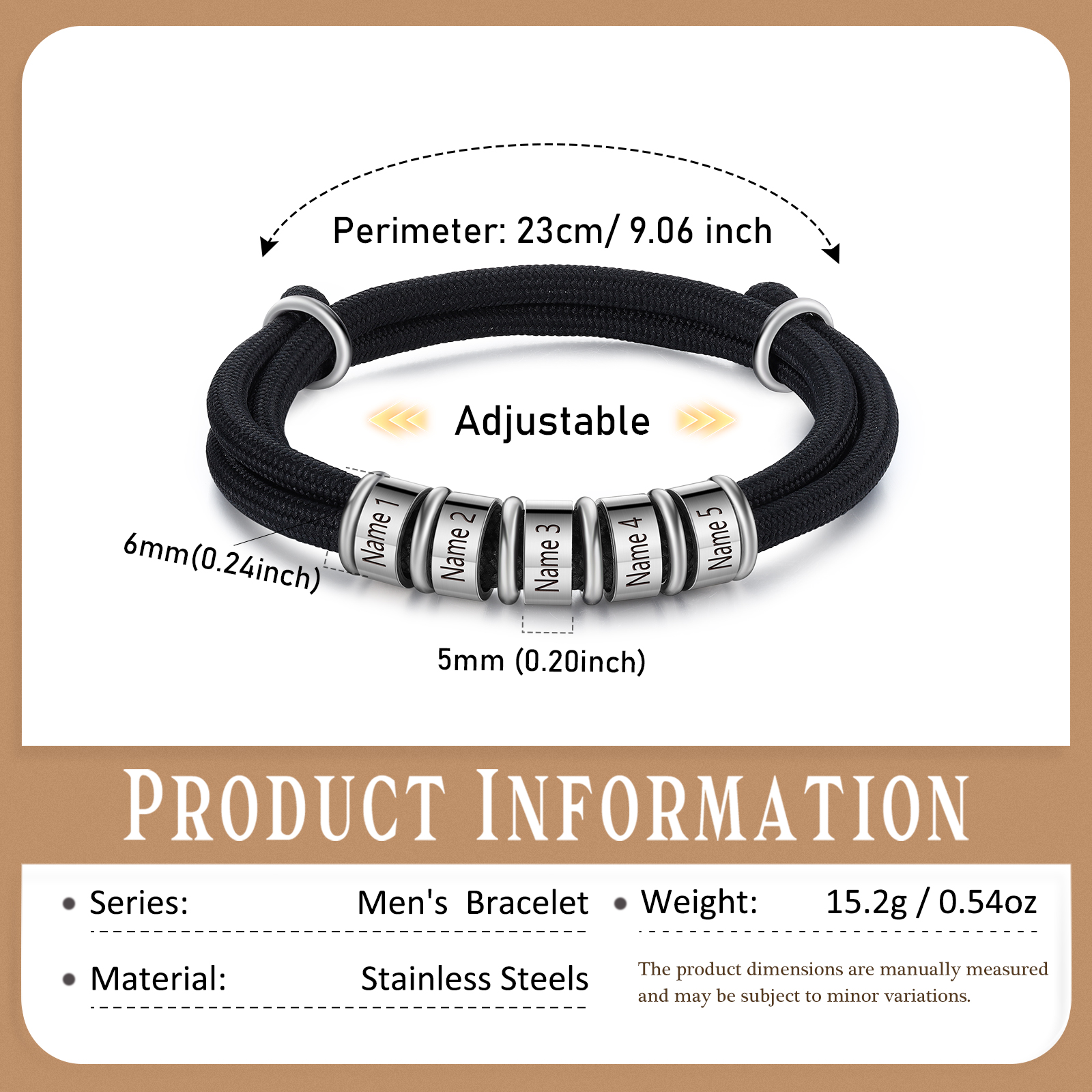 5 Names Personalised Men's Bracelet – Adjustable Rope with Custom Name Beads | Jessemade